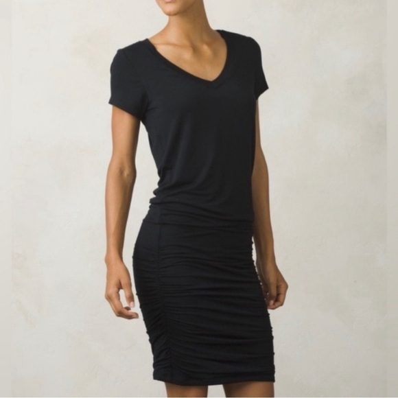 Prana Black Knit Soft Luxe Ruched Surplice Midi Dress Small S - Picture 1 of 9